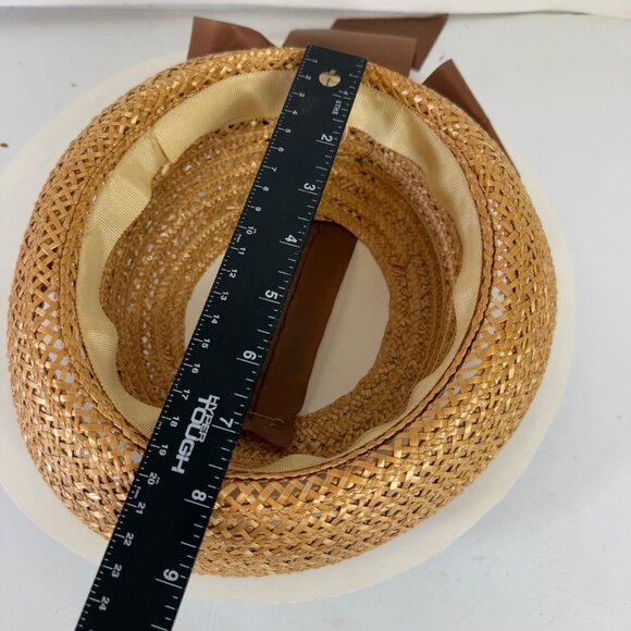 Natural Straw Boater Hat Open Crown VTG 1940s Brown Bow Rolled Brim Tailored - Picture 8 of 9